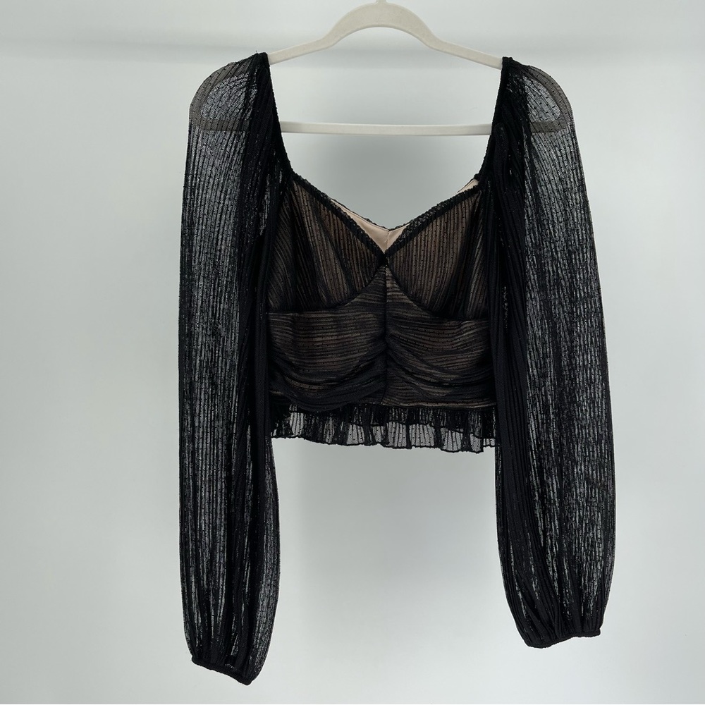 Meraki Black Mesh Bustier Style Cropped Long Sleeve Top, Women’s Medium